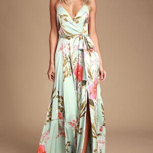 Lulus Still The One Sage Green Floral Print Satin Maxi Dress - Size XL